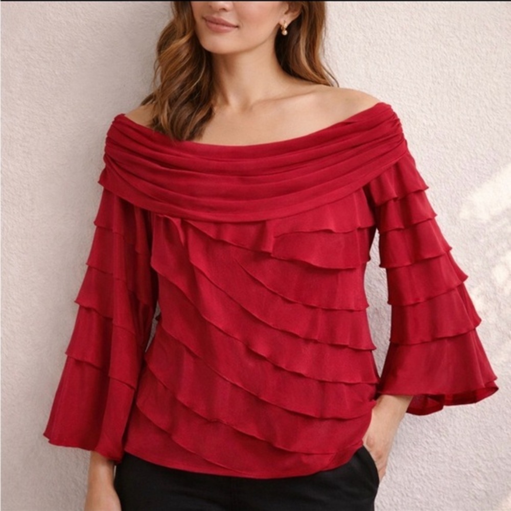 Tadashi Collection Red Ruffle 100% Silk Off-Shoulder Blouse – Size 10/12 Party